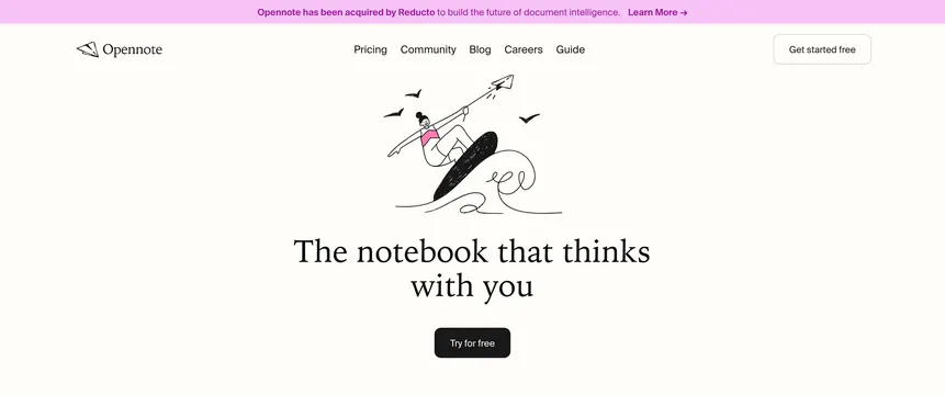 Opennote serif hero with surfer illustration, minimal, light-mode, light
