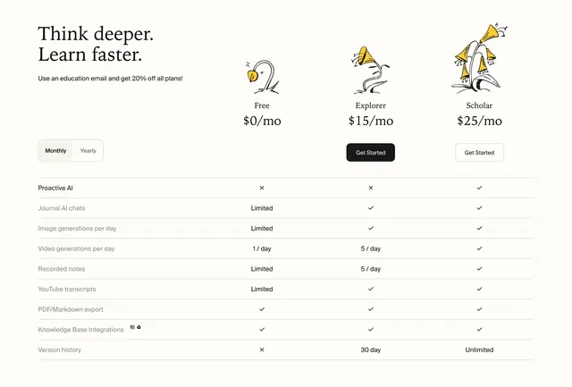 Opennote pricing table with plant tiers, minimal, light-mode, light