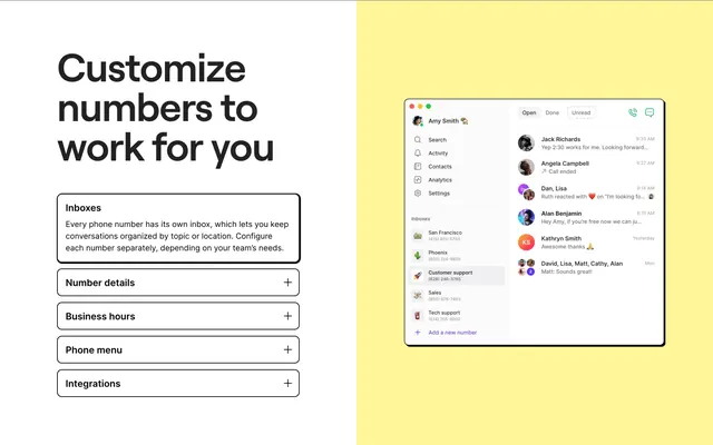OpenPhone customize numbers split feature, minimal, light-mode, light