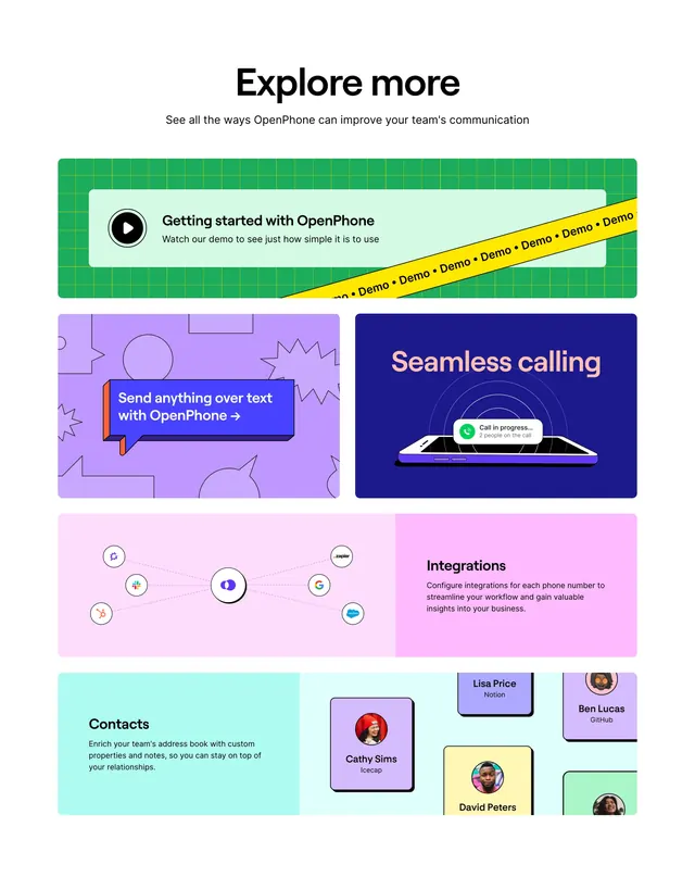 OpenPhone explore-more bento grid, playful, illustrated, vibrant