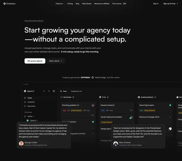 Orchestra dark agency hero with kanban preview, dark-mode, minimal, dark