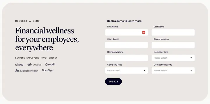 Origin split demo-request section with serif headline, light-mode, boxed, light