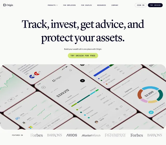 Origin centered serif fintech hero with app fan, light-mode, editorial, light