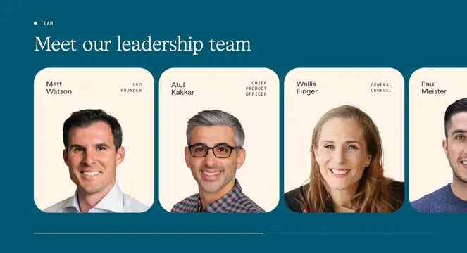 Origin teal leadership team carousel, minimal, editorial, dark