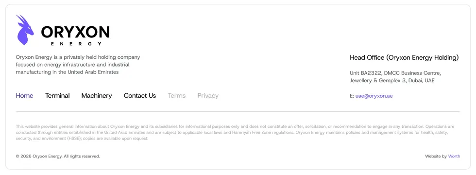 Oryxon corporate footer with legal strip, minimal, light-mode, light