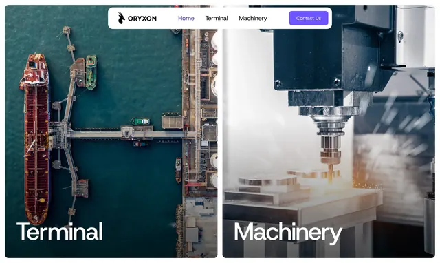 Oryxon split-panel navigation hero, minimal, corporate-clean, light