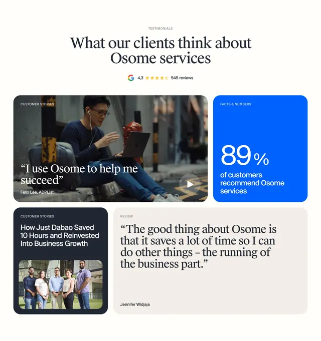 Osome bento testimonials grid, editorial, minimal, light