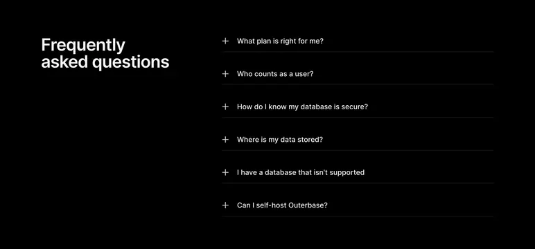 Outerbase black two-column FAQ accordion, dark-mode, minimal, dark