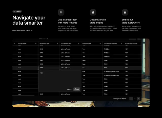 Outerbase data-table features with three-up benefits, dark-mode, technical, dark