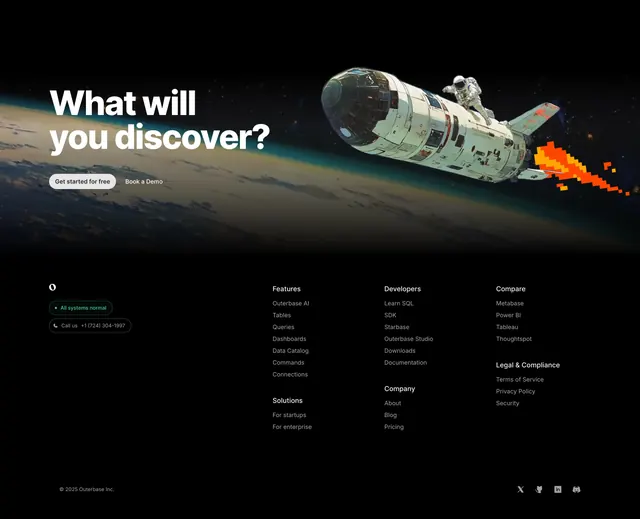 Outerbase space-imagery dark footer, dark-mode, minimal, dark
