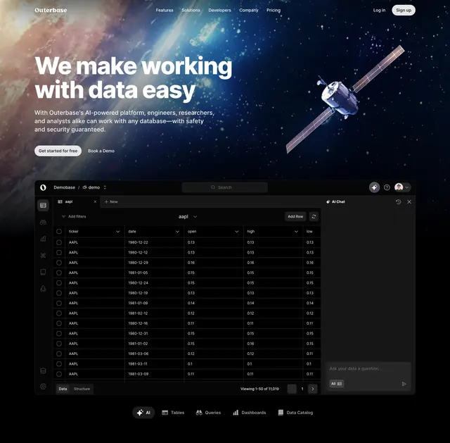 Outerbase data-platform hero with product table, dark-mode, minimal, dark