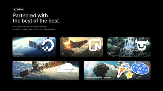 Outerbase provider bento with image cards, dark-mode, minimal, dark