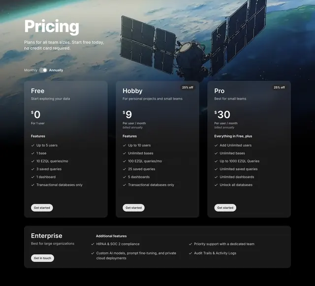 Outerbase three-tier pricing over space imagery, dark-mode, minimal, dark