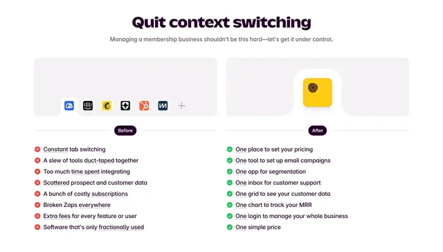 Outseta before/after context-switching comparison, light-mode, minimal, light