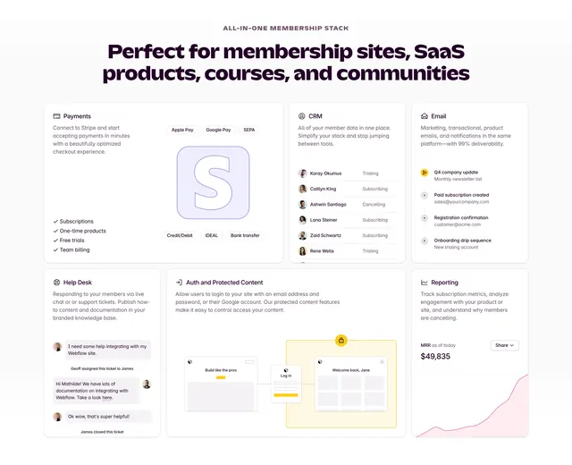 Outseta all-in-one membership feature bento, light-mode, minimal, light