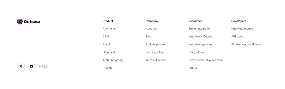 Outseta minimal multi-column footer, minimal, light-mode, light