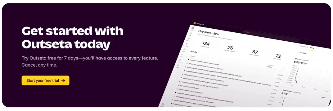 Outseta get started CTA band, dark-mode, minimal, dark