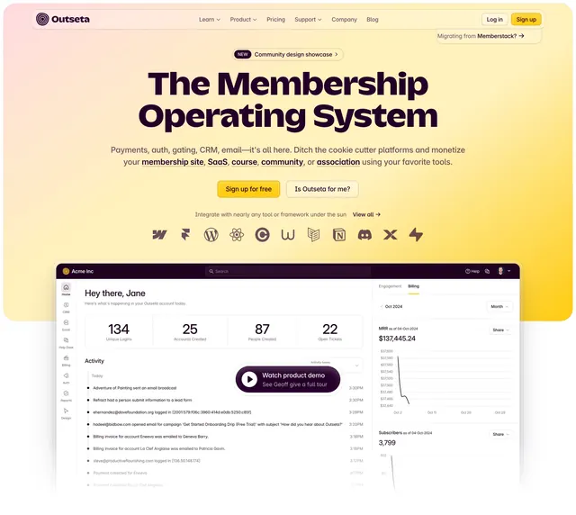 Outseta membership OS hero with dashboard preview, minimal, gradient-heavy, light
