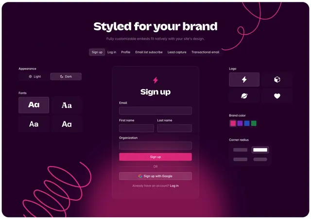 Outseta embed customization feature section, dark-mode, minimal, dark