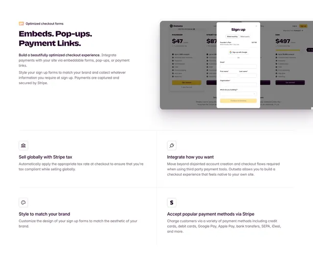 Outseta checkout forms feature, minimal, corporate-clean, light