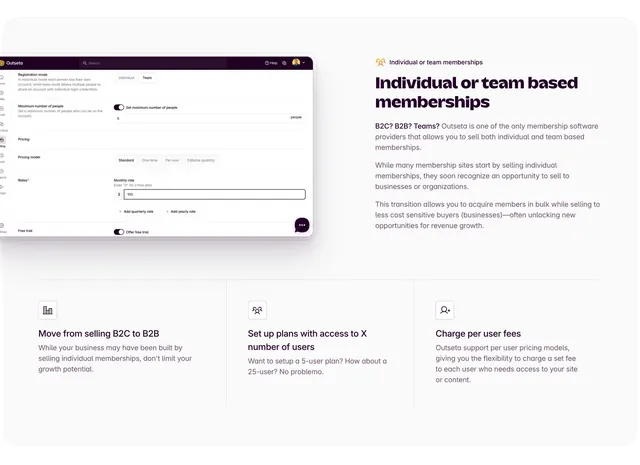 Outseta individual vs team memberships feature, minimal, light-mode, light