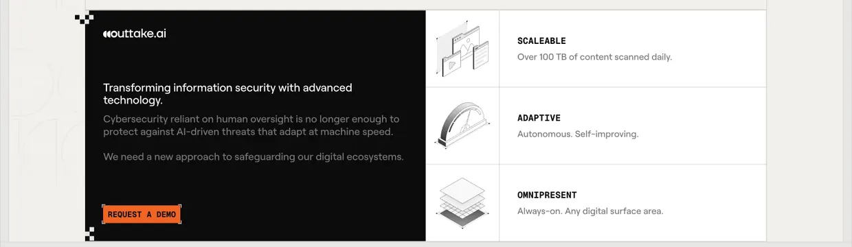 Outtake split CTA with black panel and feature rows, light-mode, technical, light