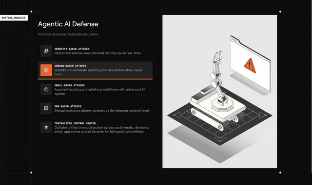 Outtake agentic-AI defense feature with robot visual, dark-mode, technical, dark