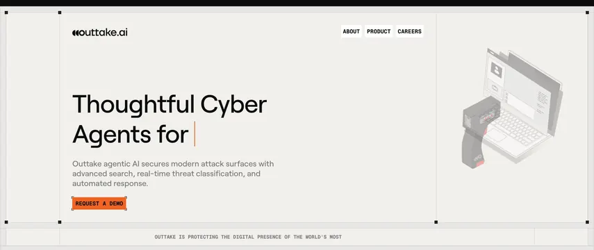 Outtake cyber-agents hero with isometric laptop, light-mode, technical, light