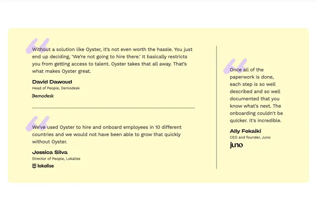 Oyster contractor testimonials grid, minimal, editorial, light