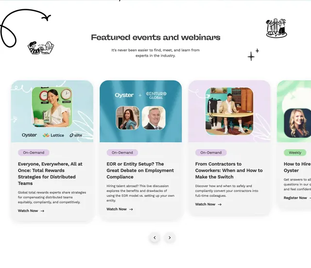 Oyster featured events carousel with doodles, minimal, light-mode, light