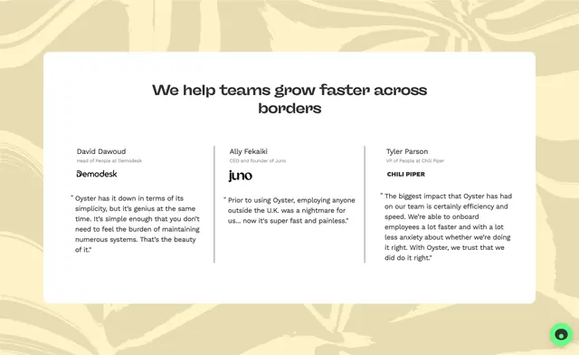 Oyster three-column testimonial card, minimal, corporate-clean, light