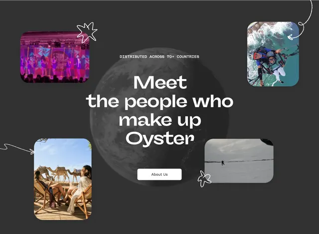 Oyster dark about CTA with floating photos, dark-mode, editorial, dark