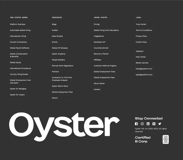 Oyster dark mega footer with wordmark, dark-mode, minimal, dark