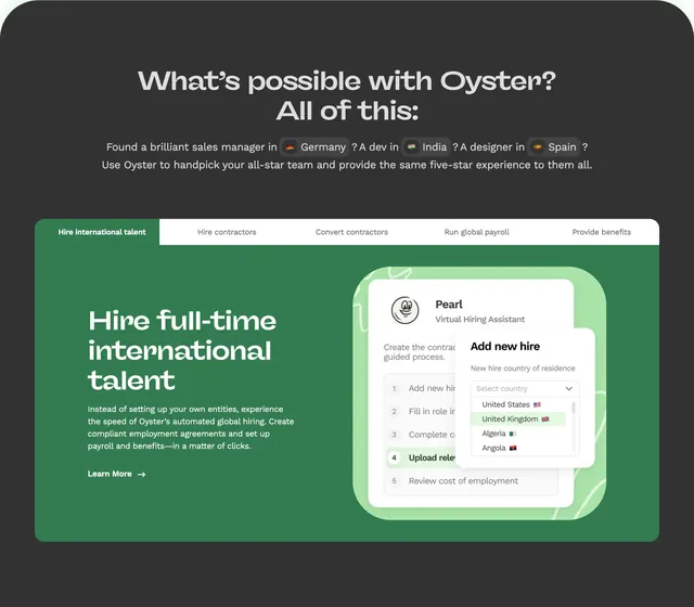 Oyster tabbed services platform, minimal, corporate-clean, dark