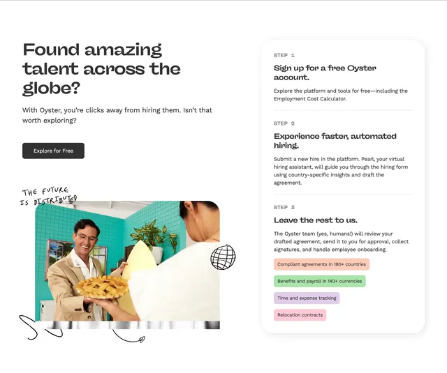Oyster three-step onboarding split, light-mode, minimal, light
