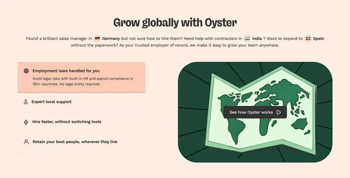 Oyster global hiring benefits with video panel, minimal, light-mode, light