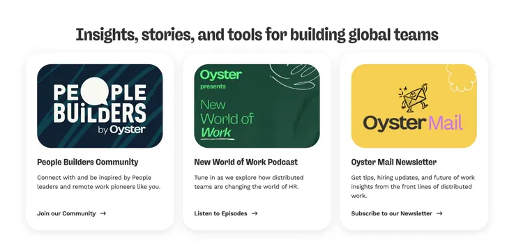 Oyster insights three-card resource grid, minimal, light-mode, light