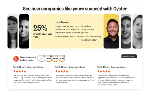 Oyster success stories and G2 reviews, minimal, editorial, light
