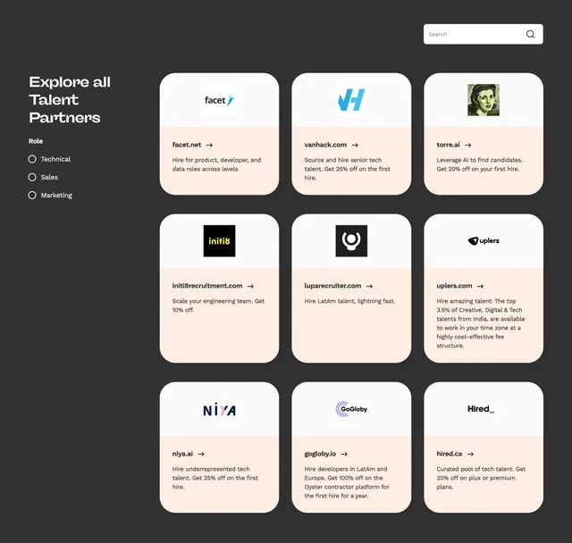 Oyster Talent Partners directory grid, dark-mode, minimal, dark