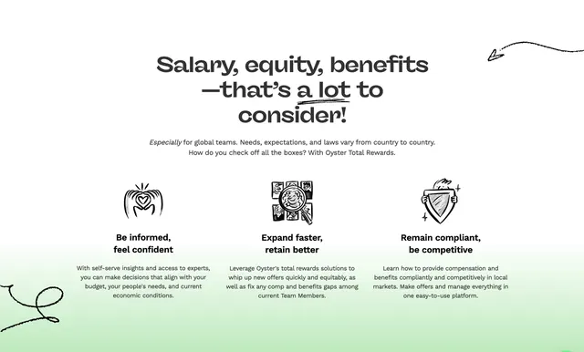 Oyster Total Rewards three-pillar benefits, light-mode, minimal, light