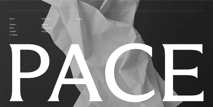 Pace crumpled paper footer, editorial, minimal, dark