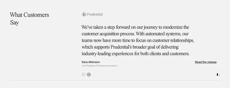 Pace customer testimonial split layout, minimal, editorial, light