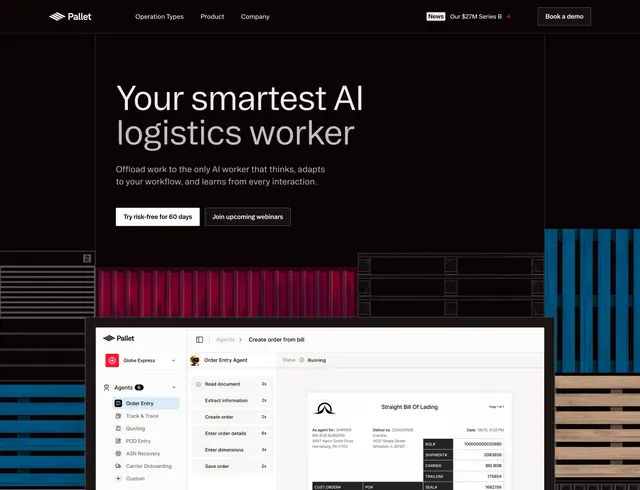 Pallet Hero Section, dark-mode, photographic, dark