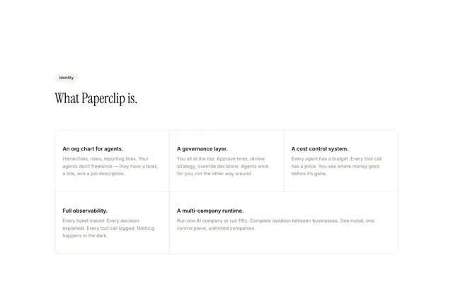 Paperclip identity bordered feature grid, light-mode, minimal, light