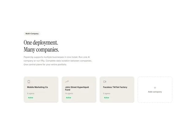 Paperclip multi-company portfolio cards, light-mode, minimal, light