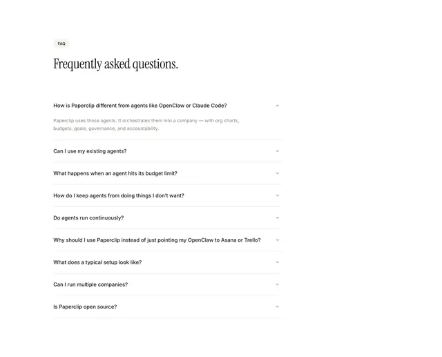 Paperclip accordion FAQ, minimal, corporate-clean, light