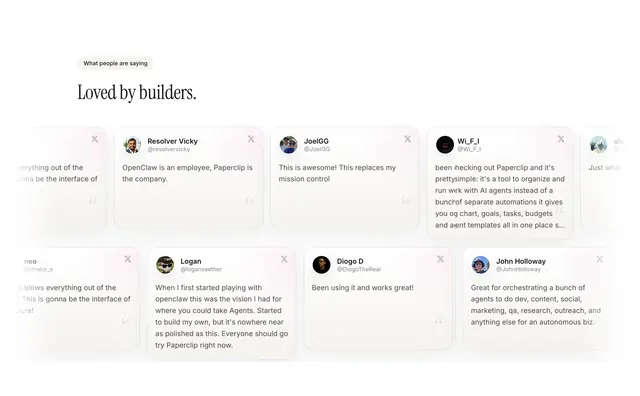 Paperclip X-style testimonial card grid, light-mode, minimal, light