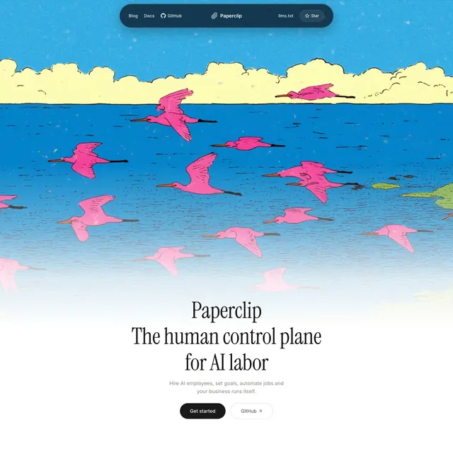 Paperclip illustrated flock hero with floating nav, light-mode, illustrated, light