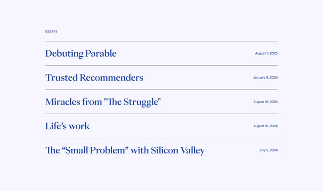 Parable essays blog list design, minimal, editorial, light