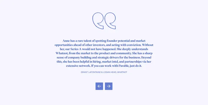 Parable founder testimonial design, minimal, editorial, light